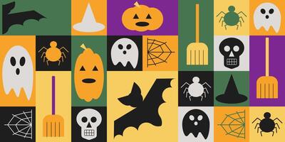 Halloween high contrast abstract horizontal banner in geometric style. Scary and spooky elements in simple geometric shapes, flat style vector