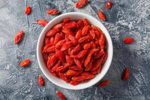 Bowl of dried goji berries emphasizing the vibrant red color and texture of the berries. photo