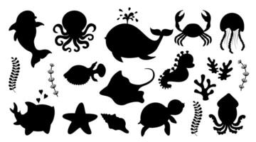 Set of black silhouettes of isolated marine animals. Sea life, ocean design elements for print, poster, postcard. Isolated backgrounds vector