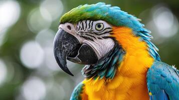 Parrot with colorful feathers in profile view against white background. photo