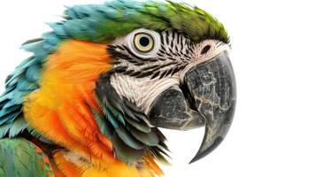 Parrot with colorful feathers in profile view against white background. photo