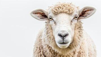 Close-up of sheep with curly wool on white background. photo
