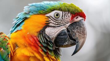 Parrot with colorful feathers in profile view against white background. photo