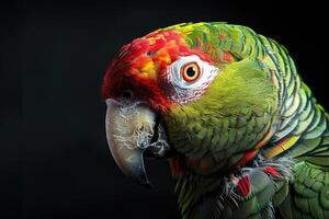 Parrot with colorful feathers in profile view against black background. photo