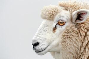 Close-up of sheep with curly wool on white background. photo