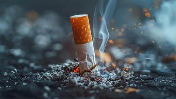 Extinguished cigarette with glowing ash and smoke rising. photo
