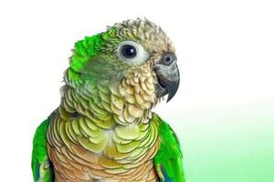 Parrot with colorful feathers in profile view against white background. photo