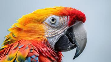 Parrot with colorful feathers in profile view against white background. photo