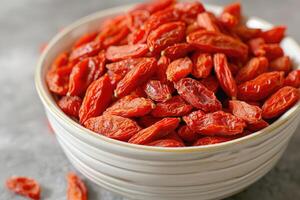 Bowl of dried goji berries emphasizing the vibrant red color and texture of the berries. photo