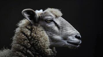 Close-up of sheep with curly wool on dark background. photo