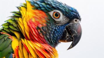 Parrot with colorful feathers in profile view against white background. photo