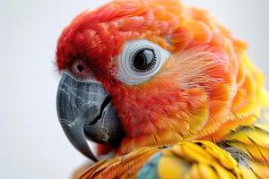 Parrot with colorful feathers in profile view against white background. photo