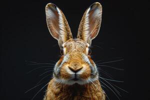Close-up of a rabbit with a black background. photo