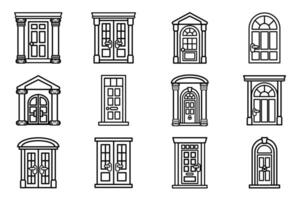 isolate black and white front door flat icon set vector