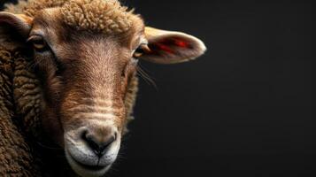 Close-up of sheep with curly wool on dark background. photo