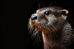 Close-up of a river otter with detailed fur texture with dark background photo