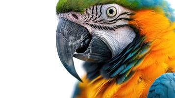 Parrot with colorful feathers in profile view against white background. photo
