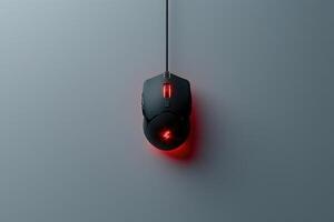 Image of a sleek, black mouse placed centrally on a minimalist grey surface. The design emphasizes simplicity and functionality, appealing to modern aesthetics. photo