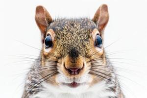 Close-up of squirrel's face with white background photo