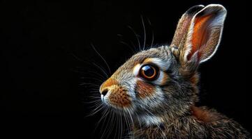 Close-up of a rabbit with a black background, profile view photo