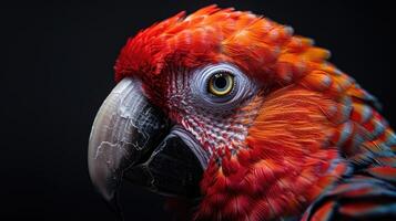 Parrot with colorful feathers in profile view against black background. photo
