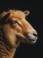 Close-up of sheep with curly wool on dark background. photo