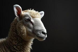 Close-up of sheep with curly wool on dark background. photo