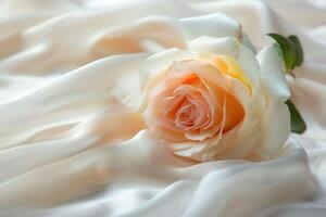 An exquisite rose is elegantly placed on a smooth, flowing silk fabric backdrop photo