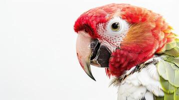 Parrot with colorful feathers in profile view against white background. photo