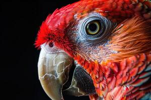Parrot with colorful feathers in profile view against black background. photo