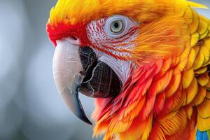 Parrot with colorful feathers in profile view against background. photo
