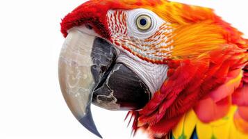 Parrot with colorful feathers in profile view against white background. photo