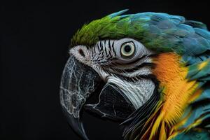 Parrot with colorful feathers in profile view against black background. photo