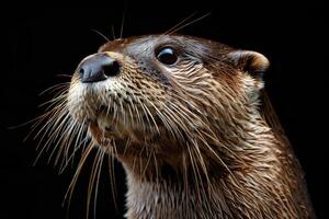 Close-up of a river otter with detailed fur texture with dark background photo