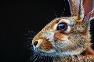 Close-up of a rabbit with a black background, profile view photo
