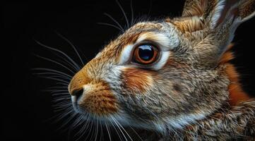 Close-up of a rabbit with a black background, profile view photo