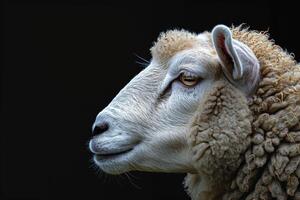 Close-up of sheep with curly wool on dark background. photo