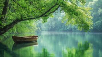 Serene boat on a calm river surrounded by lush greenery. photo