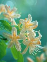 Close-up of fresh honeysuckle blooms covered in dew drops against a sunlit green background photo