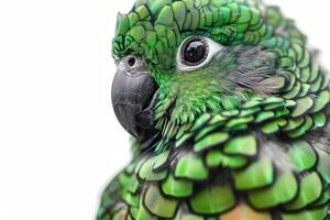 Parrot with colorful feathers in profile view against white background. photo