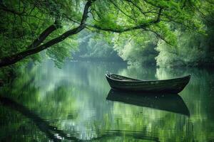 Serene boat on a calm river surrounded by lush greenery. photo