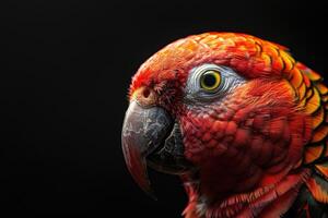 Parrot with colorful feathers in profile view against black background. photo