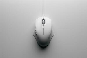 Image of a sleek, white mouse placed centrally on a minimalist grey surface. The design emphasizes simplicity and functionality, appealing to modern aesthetics. photo