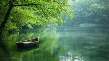 Serene boat on a calm river surrounded by lush greenery. photo