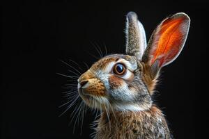 Close-up of a rabbit with a black background, profile view photo