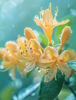 Close-up of fresh honeysuckle blooms covered in dew drops against a sunlit green background photo