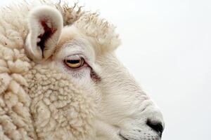 Close-up of sheep with curly wool on white background. photo