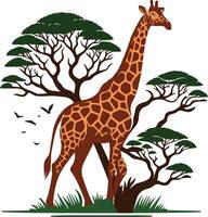 A Drawing of A Giraffe with tree vector