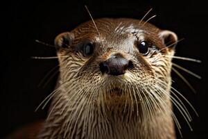 Close-up of a river otter with detailed fur texture with dark background photo