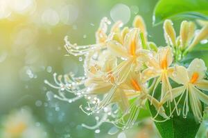Close-up of fresh honeysuckle blooms covered in dew drops against a sunlit green background photo